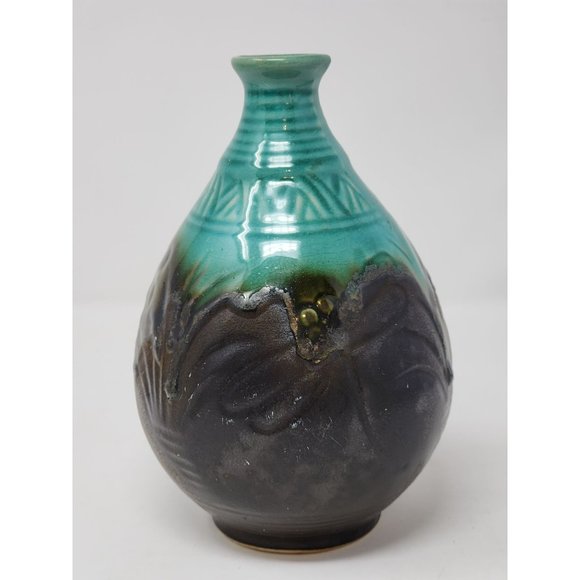 Vintage Drip Glaze Vase Matte Chocolate And Turquoise - Picture 3 of 10